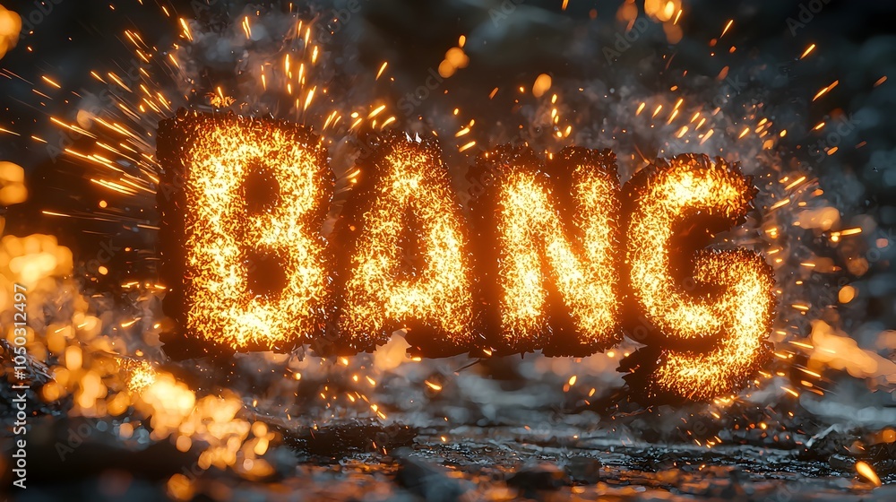 Poster explosive comic book scene showcasing a close up view of vibrant 3d bang text surrounded by dynamic 