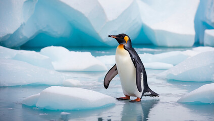 Fototapeta premium A lone King Penguin stands on a piece of ice in the Antarctic.
