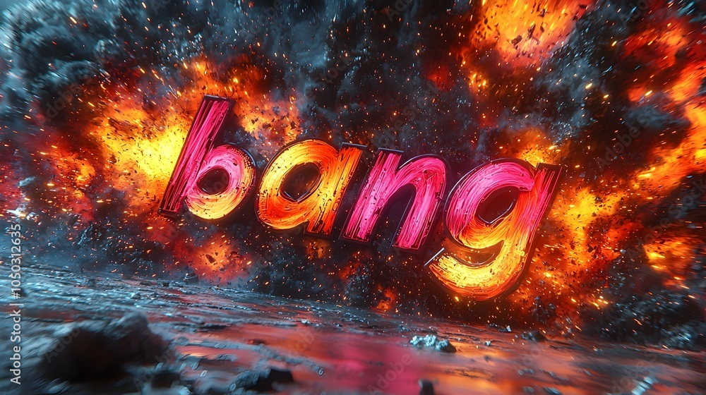 Poster dramatic and striking 3d typographic bang design with bold colors explosive motion lines and fiery s