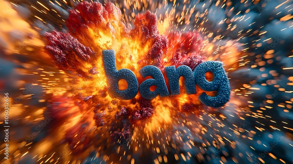 Poster Captivating close up view of a bold three dimensional bang text explosion in a dynamic comic book style filled with bright vibrant colors radiating motion lines and bursts of sparks and fire