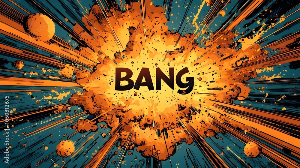 Poster striking 3d bang text in a vibrant comic style explosion with bright colors dynamic motion lines and