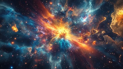 A colorful galactic explosion with glowing clouds of gas and star fragments spreading outward in a mesmerizing display of cosmic power