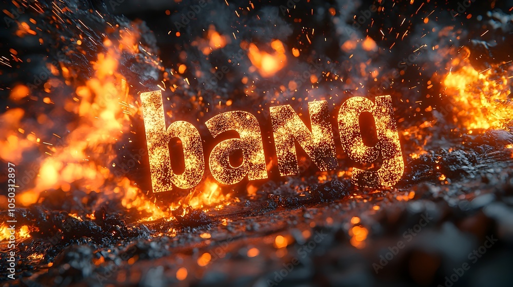 Poster bold 3d bang text in a vibrant comic book style explosion with dramatic flames smoke and dynamic act
