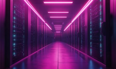 Fototapeta premium Futuristic Neon-Lit Data Center Interior with Rows of Servers, Cybersecurity Concept, Modern Technology Infrastructure, High-Tech Server Room, Innovative Network, Generative AI