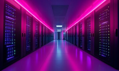 Fototapeta premium Futuristic Neon-Lit Data Center Interior with Rows of Servers, Cybersecurity Concept, Modern Technology Infrastructure, High-Tech Server Room, Innovative Network, Generative AI