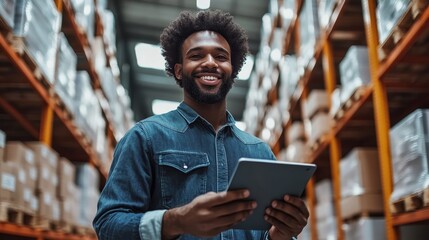 Smiling male warehouse manager using a digital tablet for inventory management in a modern storage facility, exemplifying efficient logistics and, Generative AI