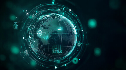 
A globe with green energy symbols surrounding it, representing global cooperation for renewable energy, 
