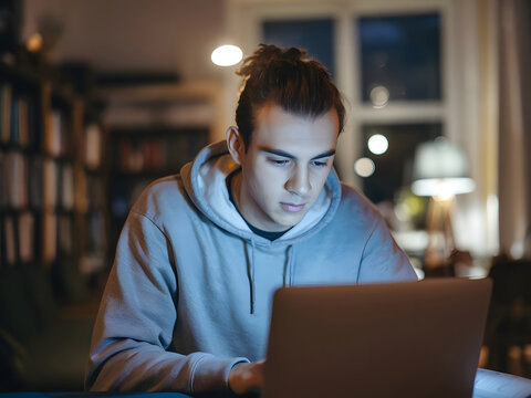 Un joven estudiante universitario concentrado frente a su computadora port&aacute;til por la noche
