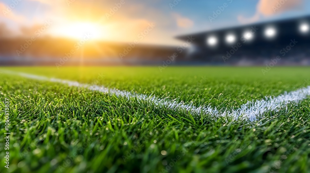 Poster Closeup view of a glowing green sports field with sharp crisp white boundary lines bathed in a soft golden rim lighting that highlights the rich textured surface of the grassy turf