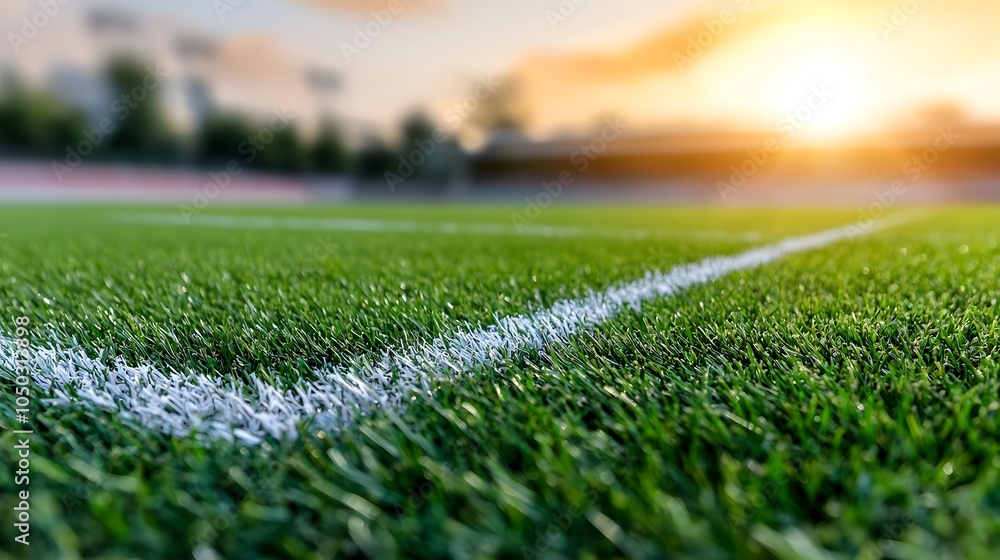 Poster Closeup of a vibrant green sports field with sharp white boundary lines captured under a soft golden rimlight that highlights the rich texture and pattern of the grass surface