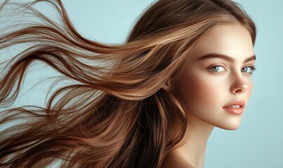 Naklejka premium Elegant woman with beautiful flowing hair, natural beauty, glowing skin, serene expression, studio shot, daytime, hair care concept, beauty and wellness, Generative AI