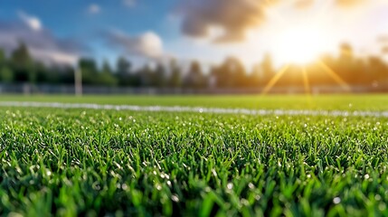 Stunning close up of a lush green sports turf surface featuring bright white boundary lines and a warm golden rimlight that adds depth and inviting ambience to the serene geometric landscape