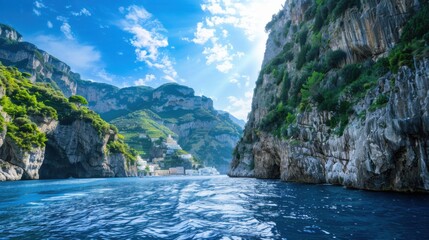 Fototapeta premium A dramatic view of the towering cliffs and deep blue waters of the Amalfi Coast with picturesque villages clinging to the cliffs and lush green hillsides, coastal setting with vibrant contrasts