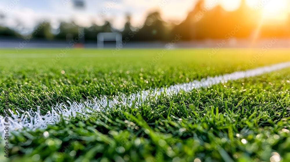 Poster close up view of a lush green sports field with sharp white lines the grass highlighted by a warm go