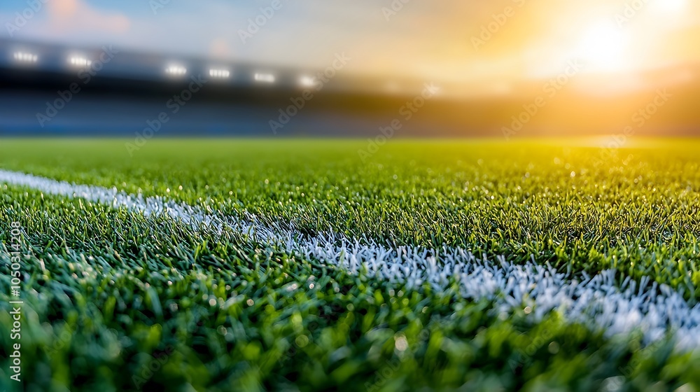 Aufkleber vibrant and detailed close up view of a sports field with sharp textured green grass illuminated by 