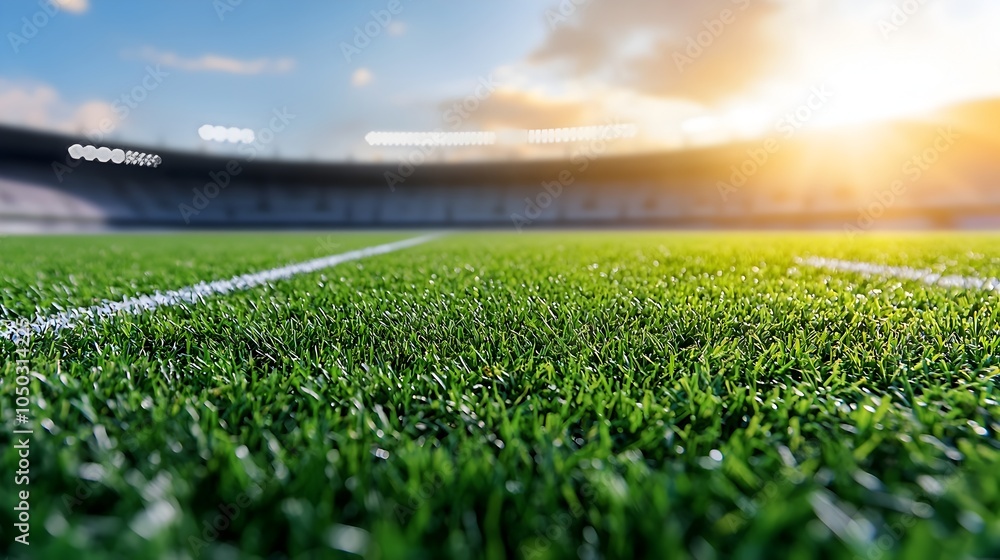 Poster closeup of a vibrant green sports field or pitch featuring sharp white lines and captivating texture