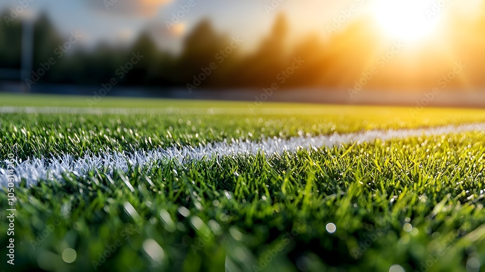 Aufkleber lush and vibrant green sports field with sharp white lines and illuminating golden rimlight capturin