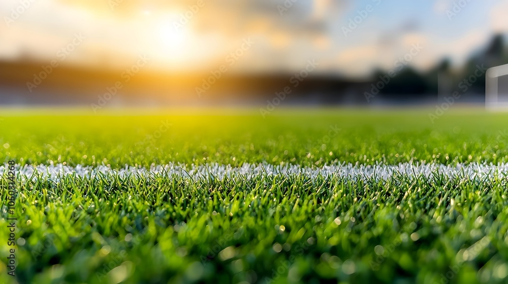 Poster Close up of a vibrant green sports field with sharp white lines the grass illuminated by a golden rimlight that captures the intricate textures and hues of the playing surface