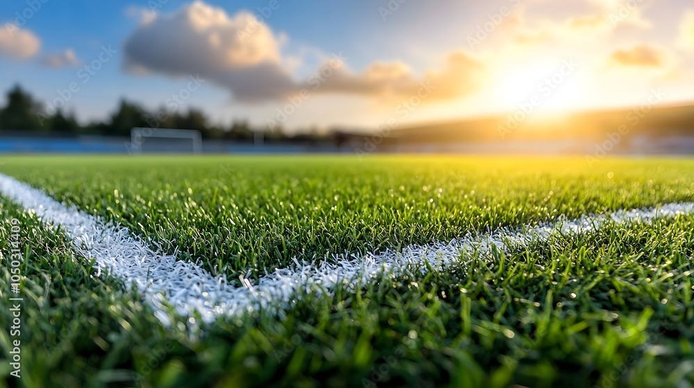 Poster close up view of a pristine green sports field with crisp white boundary lines highlighted by a warm