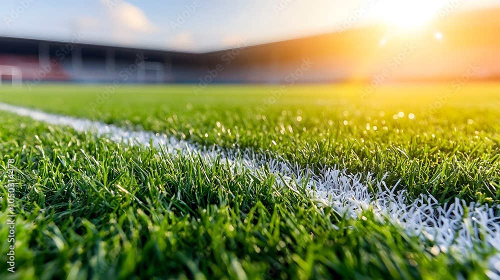 Aufkleber close up view of a lush vibrant green sports field with sharp contrasting white lines the warm golde