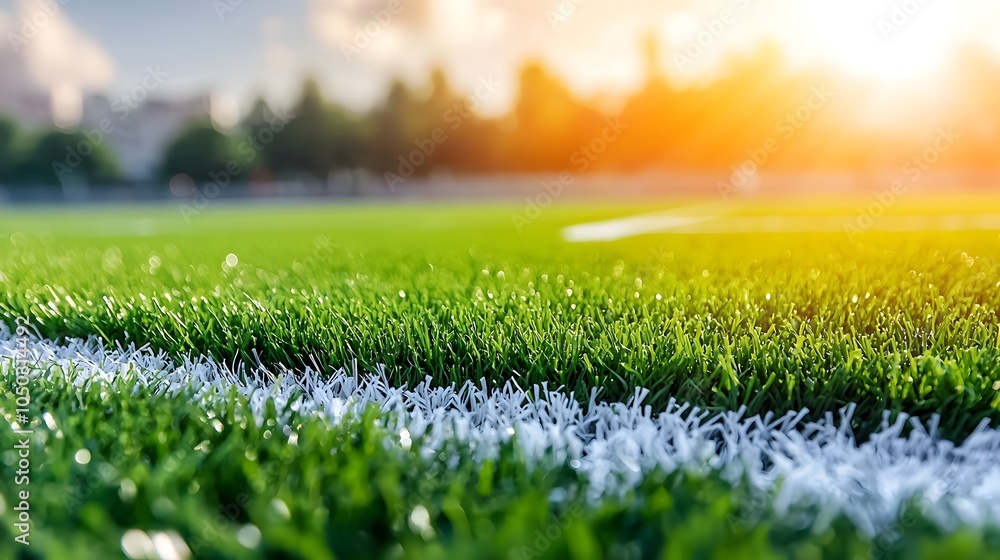 Poster Close up view of a sports field s lush vibrant green grass and sharp distinct white lines with a warm golden rimlight adding a captivating glow to the rich textured surface