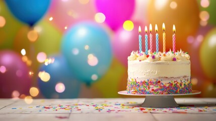 Birthday cake with lit candles on top. Festive beautifully decorated cake with colorful sprinkles and white frosting on blurred background with colorful balloons and warm, glowing lights