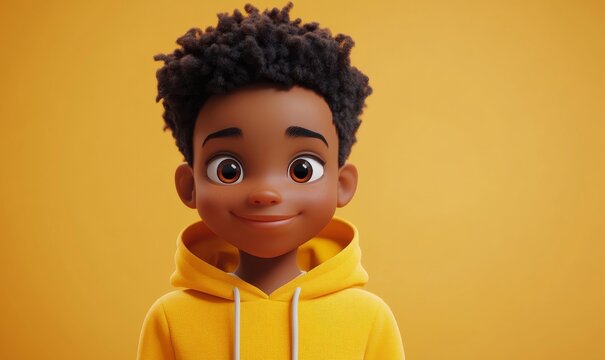 Smiling African Cartoon Boy in Yellow Hoodie Happy 3D Character on Light Background Cute Funny Teenager Concept, Generative AI