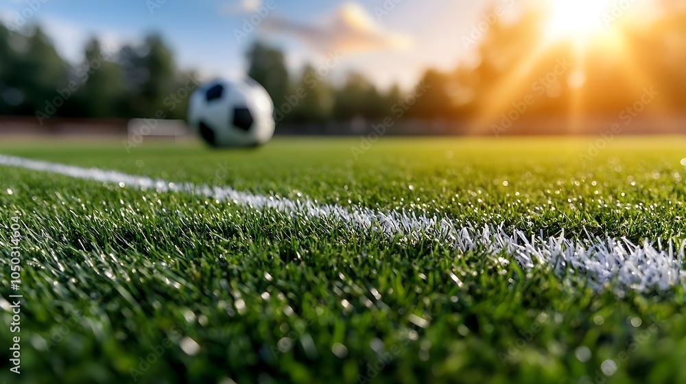 Poster Closeup of a green sports turf field with clearly defined white lines illuminated by a warm golden rimlight creating a serene and inviting athletic atmosphere