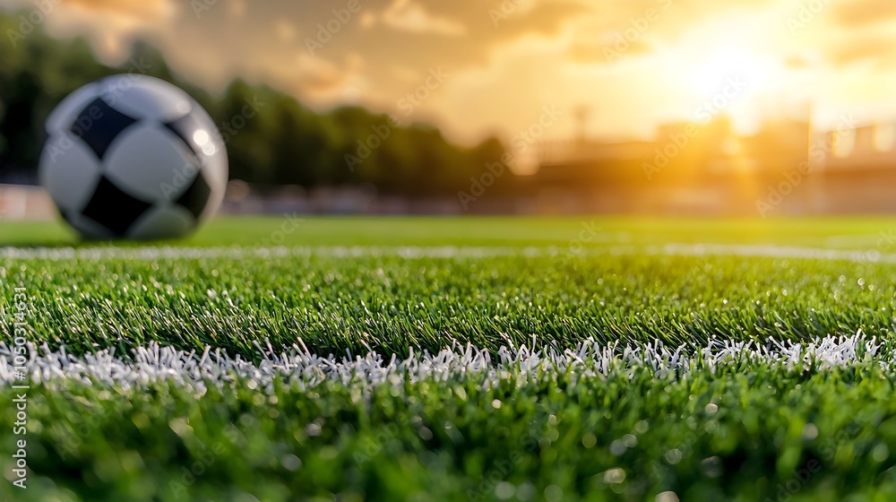 Poster closeup view of a lush green sports turf field with clearly defined white boundary lines illuminated