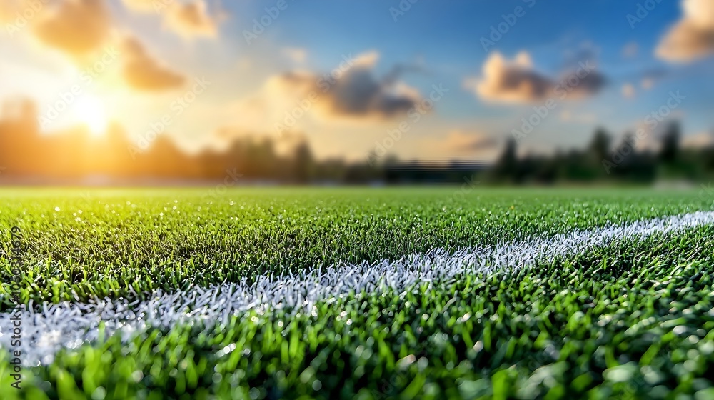 Poster Close up view of a lush green sports turf surface with clearly defined white boundary lines illuminated by a warm golden rim lighting creating a serene and inviting field atmosphere