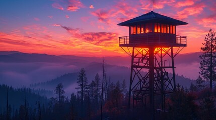 Scenic fire lookout tower against a vibrant sunset sky with clouds.