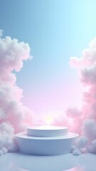 Cloud platform, blue, pink pastel sky, white podium for product display