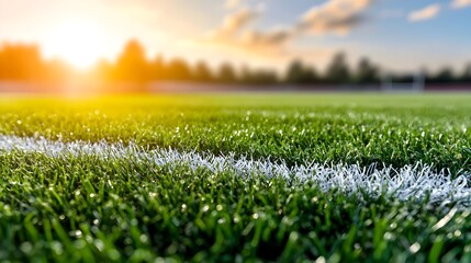 Closeup of Bright White Geometric Lines Overlaying Lush Green Sports Turf with Soft Golden Rim Lighting Gently Illuminating the Vibrant Colors and Fine Textures of the Surface