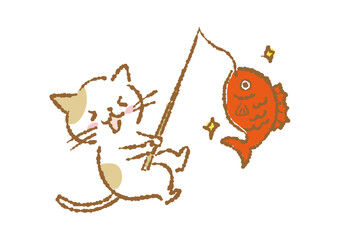 鯛を釣っている猫のイラスト