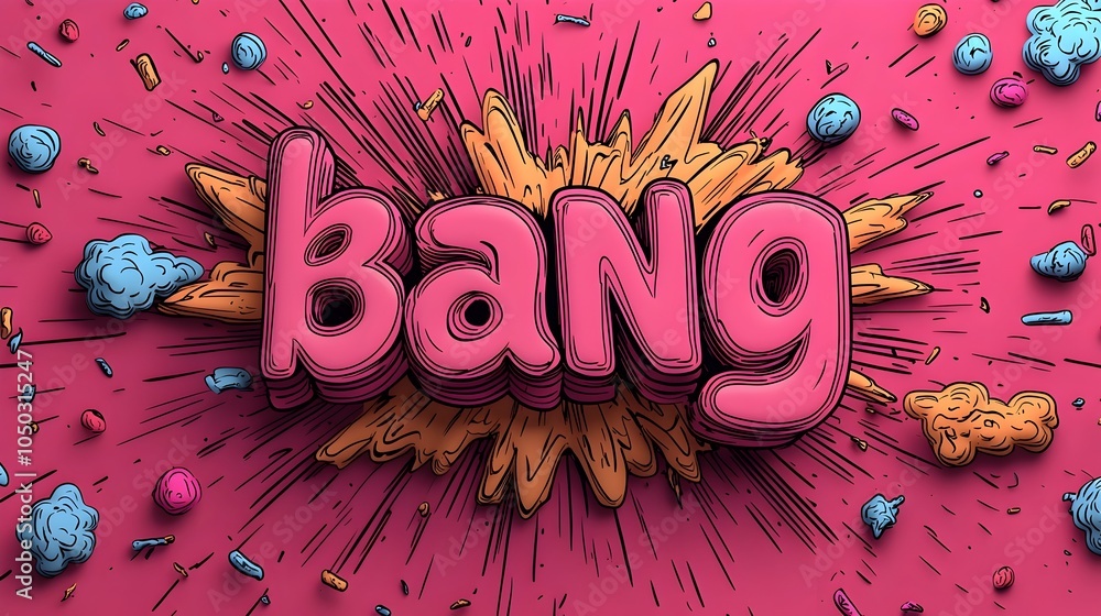 Fototapete Dramatic 3D Text in Bold Comic Book Style with Explosion Effects Dynamic Lines and Colorful Vibrant Background Creating a High Energy Action Scene