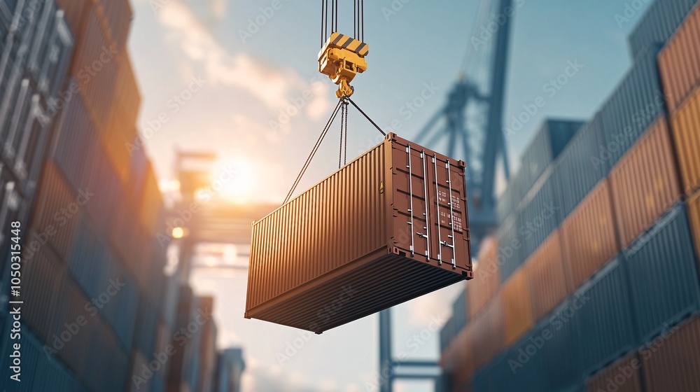 Poster modern cranes lifting containers at busy port - mechanical engineering and maritime operations in ac