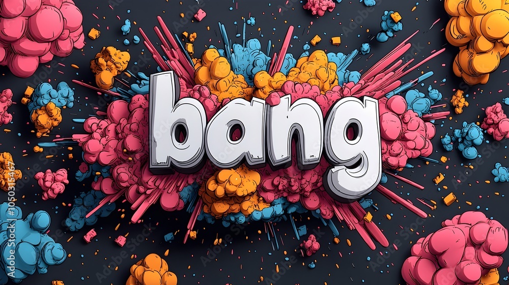 Fototapete Explosive Comic Book Style 3D Bang Text with Colorful Dynamic Motion and Energetic Action Lines Creating a Powerful and Dramatic Visual Impact