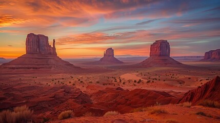 A dramatic view of the towering rock formations and vibrant sunsets of Monument Valley with vast open spaces and iconic buttes, desert setting with rich reds and deep oranges, Monument Valley style