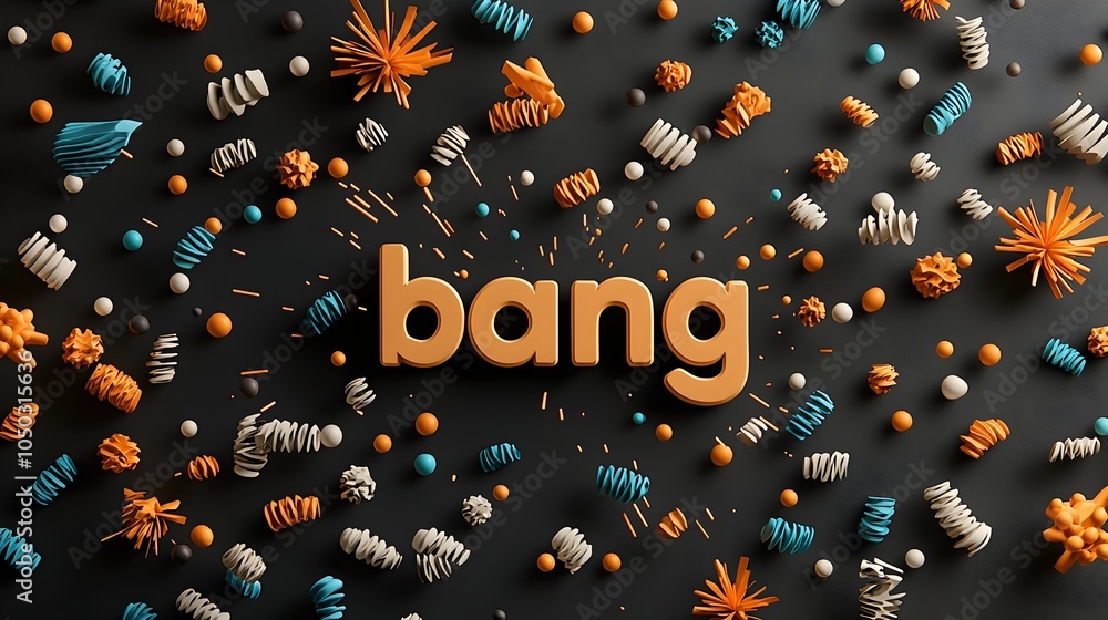 Aufkleber explosive comic book inspired scene featuring 3d text bang in the center surrounded by a dynamic bur