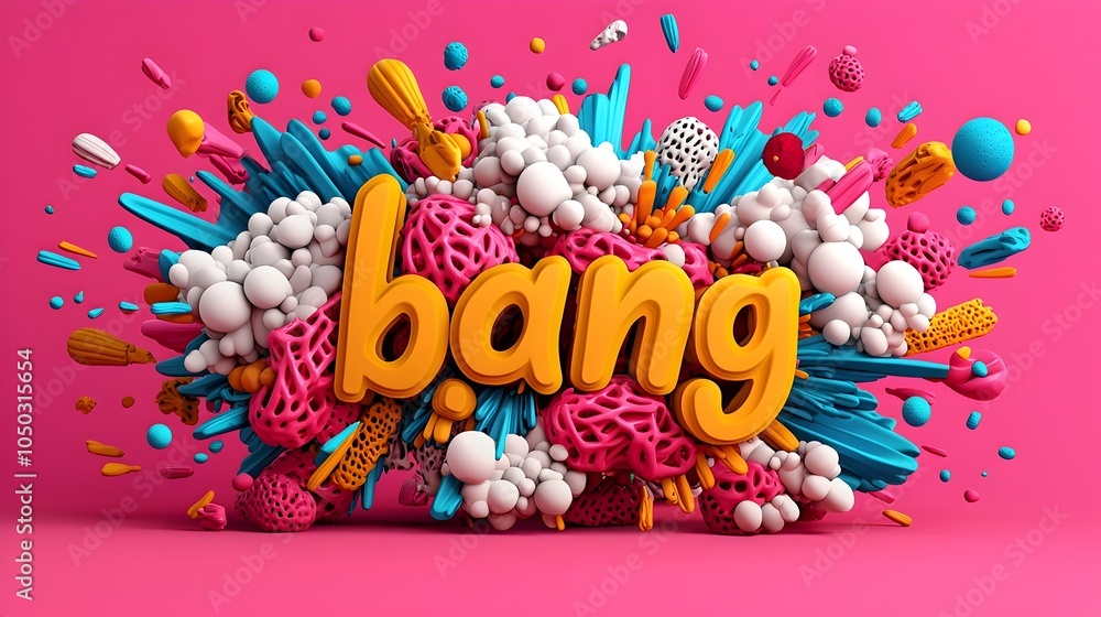 Poster Striking 3D typography in the form of a bold bang text surrounded by a vibrant comic style explosion with bright colors dynamic action lines and an energetic