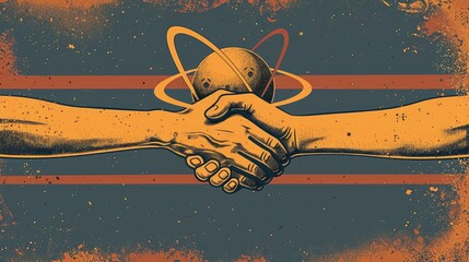 Illustration of a handshake with atomic orbit symbols in the background, representing nuclear cooperation, diplomacy, or scientific collaboration on atomic energy.
