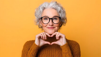 Mature woman in eyeglasses forming a heart shape with her hands looking through the gesture with a kind compassionate expression in a close up portrait with soft warm lighting