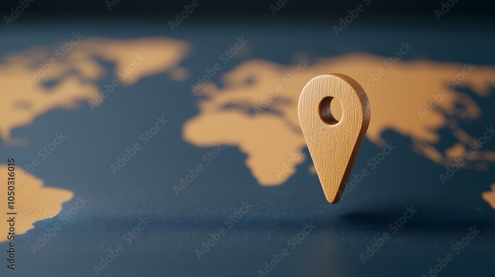 Poster Close up view of a blue world map with a glowing pin marking a specific location