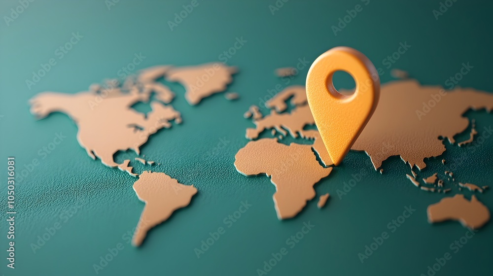 Poster Glowing Blue Pin on World Map Highlighting Global Navigation and Positioning Technology  Close up View with Soft Illuminating Effect Representing and International Connectivity
