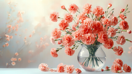 A vibrant bouquet of carnations in shades of pink, red, and white, with ruffled, textured petals and sturdy green stems