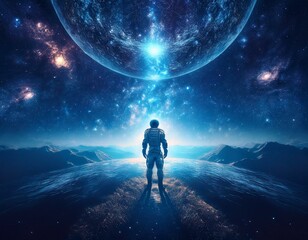 Fototapeta premium The mastermind of the universe. There is one consciousness and one person in one universe. Very close you can see two planets