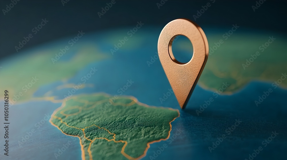 Poster Futuristic and modern close up view of a glowing blue world map with a navigation pin marker highlighting the concept of location