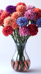 A vibrant bouquet of carnations in shades of pink, red, and white, with ruffled, textured petals and sturdy green stems