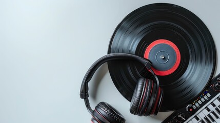 Vinyl record and headphones on a light background, music exploration concept.