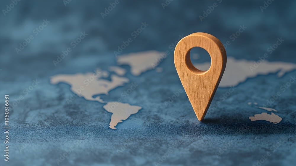 Poster Close up view of a navigation pin marker on a blue glowing world map showcasing a futuristic digital design with soft lighting elements to represent global positioning and